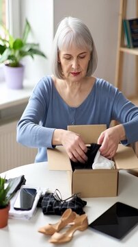 A senior woman sits at home unpacking a box. She checks items against her online order on her smartphone. This shows the process of e commerce and home delivery in action