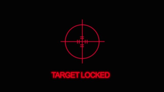 Red crosshair with horizontal and vertical lines and the words TARGETLOCKED in neon red letters on a animated black background