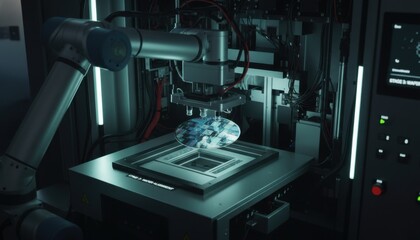 Fototapeta premium Industrial robot arm precisely places silicon wafer in advanced manufacturing facility