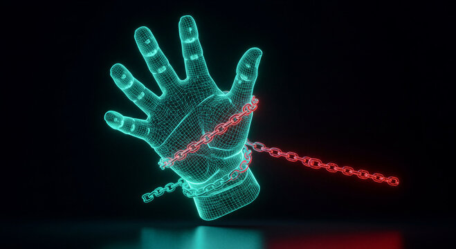 Digital hand breaking free from chains. Neon glowing fist shattering red bonds in 3D render. Symbol of liberation and overcoming constraints in futuristic technology