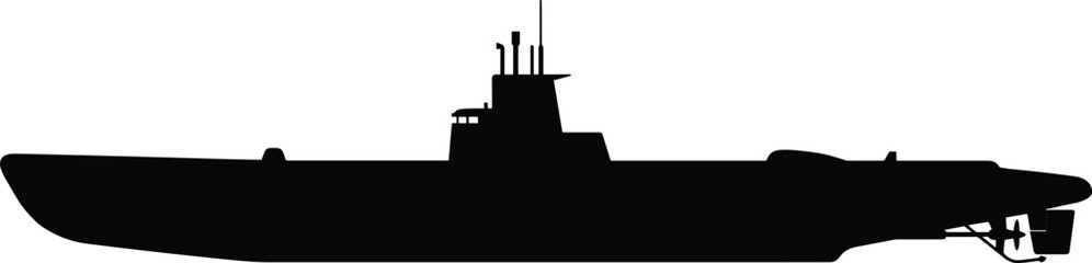 Black submarine silhouette icon naval warship boat underwater military vessel isolated on white background for navy sea history and maritime combat vector design © Poritash