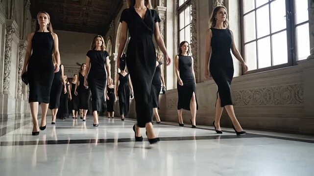 Fashion Models Parade Down Sunlit Marble Corridor.