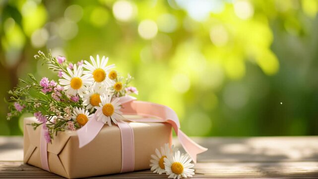 Gift box and daisy flowers on rustic garden table for Birthday or Mothers day. Beautiful spring card. Flower bunch, bright summer arrangement, blurred green leaves nature background. Holiday backdrop