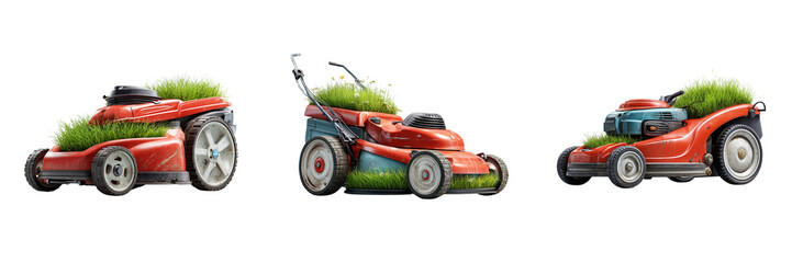 Set of A cordless electric grass trimmer on transparent png background. Ai generated