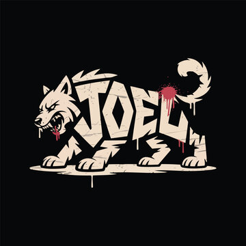 A stylized illustration of a snarling wolf with the name joel in bold graffiti letters
