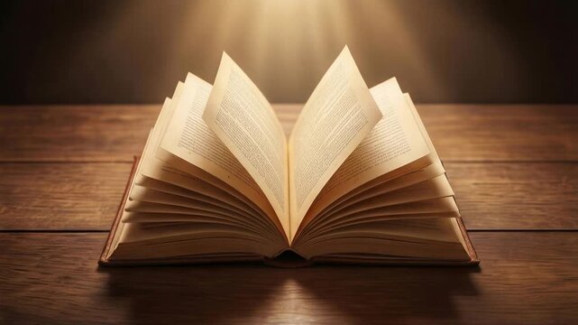 Open book with turning pages on wooden table. Seamless loop of literature illuminated by divine light rays.
