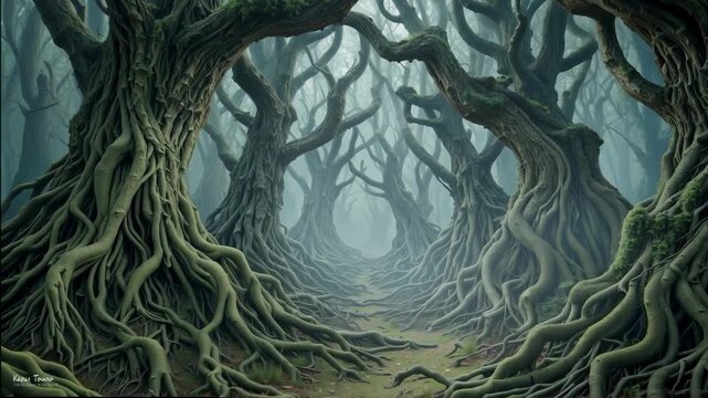 Twisted gnarled trees with exposed roots lining a path in a foggy mystical forest. Tilting camera movement reveals the dense canopy and hazy atmosphere.