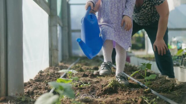 Elderly grandma and young child gardening inside a sunny greenhouse