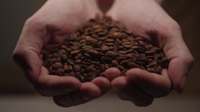 Hands gently cradling rich quantity of freshly roasted coffee beans, shaping loving heart and representing profound appreciation for coffee culture and comforting ritual, close-up, slow motion.