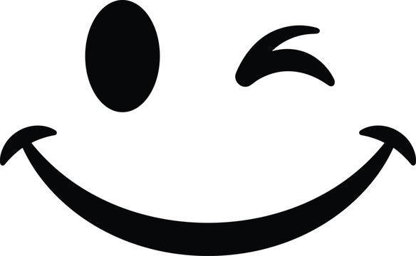 Black winking smiley face vector illustration featuring a happy smiling mouth and wink expression for minimalist emoji design social media and positive communication projects.