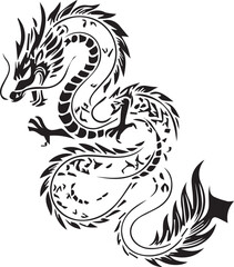 Fototapeta premium Tribal Dragon Silhouette - Japanese Aesthetic Dragon Line Art Graphic