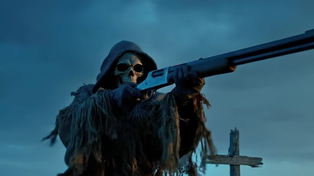 Ominous spectral figure, skeletal grim entity, aiming a powerful firearm in a desolate, barren wasteland, an old wooden cross, representing ultimate fate and judgment