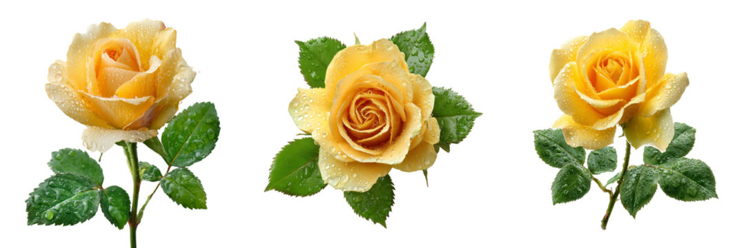 Set of Single fresh yellow rose with stem and leaves on transparent png background. Ai generated