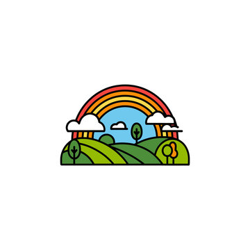 Colorful Rainbow over Green Hills and Clouds Illustration Flat Cartoon Style Landscape with Vibrant Rainbow and Trees.