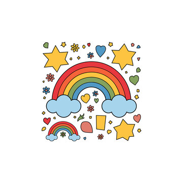 Colorful Rainbow over Green Hills and Clouds Illustration Flat Cartoon Style Landscape with Vibrant Rainbow and Trees.