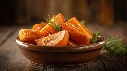 Bright Orange Sweet Potato Wedges Dusted with Rosemary and Salt in a Rustic Bowl