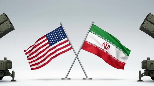 Conflict military standoff concept showing usa and iran flags with missile launchers symbolizing geopolitical tension defense strategy and global crisis news video footage