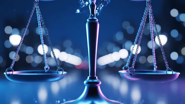 A balanced scale with chains and plates sits on a reflective surface against a blurred background of bright lights, representing government cybersecurity concept with justice and technology