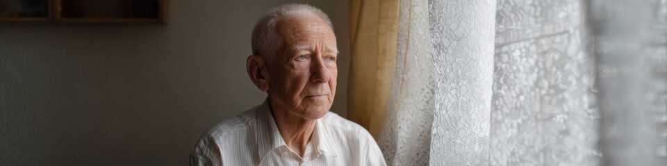 Obraz premium Elderly caucasian male reflecting by window in thoughtful mood