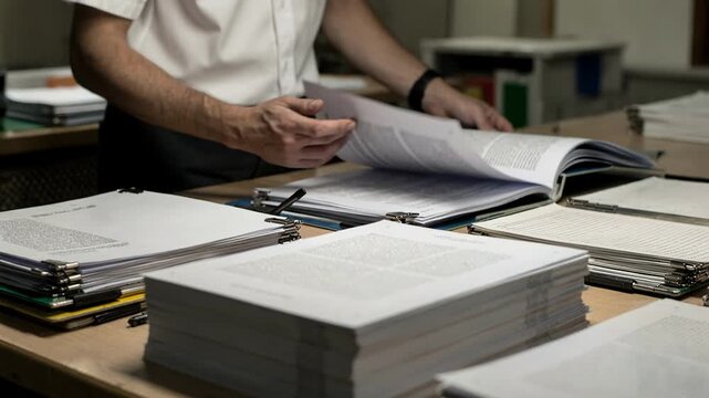 Shot showing the detailed process of assembling multiple research sheets into a quarterly journal issue with main stack in sharp focus and workers out of focus
