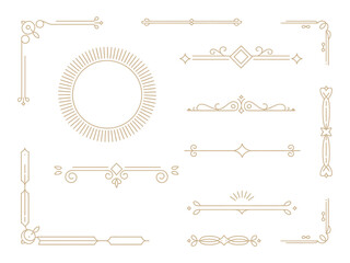 Fototapeta premium Collection of Minimalist Geometric Line Art Deco Ornaments Featuring Golden Linear Shapes and Luxury Decorative Elements for Premium Branding and Elegant Graphic Design