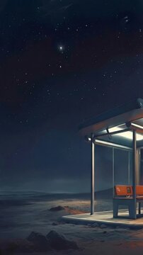Astronaut boarding spacecraft at futuristic bus stop on lunar surface. Space traveler entering private jet style shuttle under starry night sky. Tilt up and panning shot.