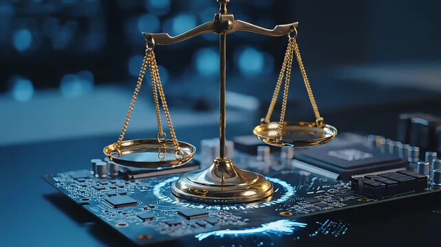 A gold scale sits on a computer circuit board representing government cybersecurity concept with justice and technology integration