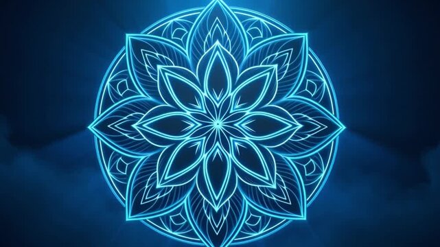 Mind expansion neon symbol celestial bloom glowing geometric mandala star symbol in deep blue background mystical sacred light harmony and spiritual balance cosmic energy design