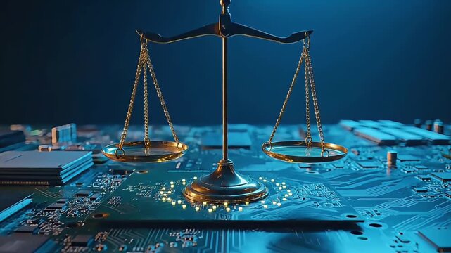 A gold scale sits on a blue circuit board with computer chips and wires, representing government cybersecurity concept with a dark background