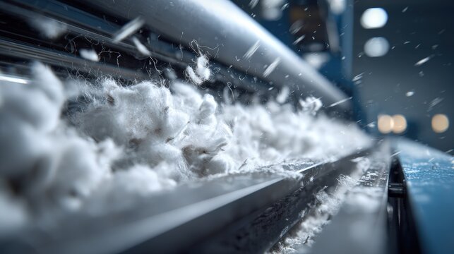 Close-up of Cotton Fibers Moving Through Mechanical Rollers in Factory