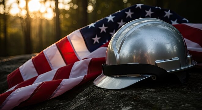 Labor day tribute honoring american workers with a firefighter helmet and us flag