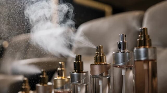 Closeup medium shot of scent emitters activating in a 4D immersive environment highlighting the delicate perfume nozzles against a softfocused seating area.