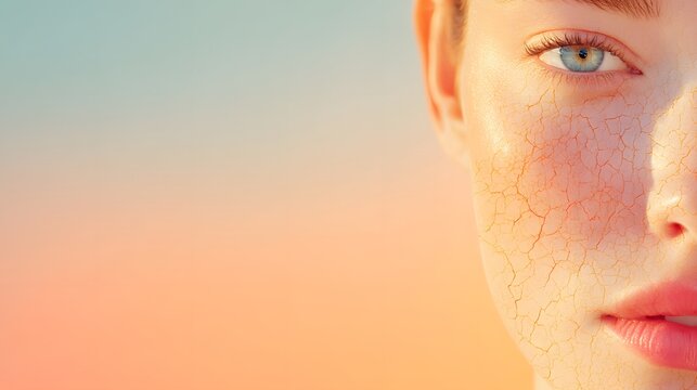 A woman with dry skin and a blue eye