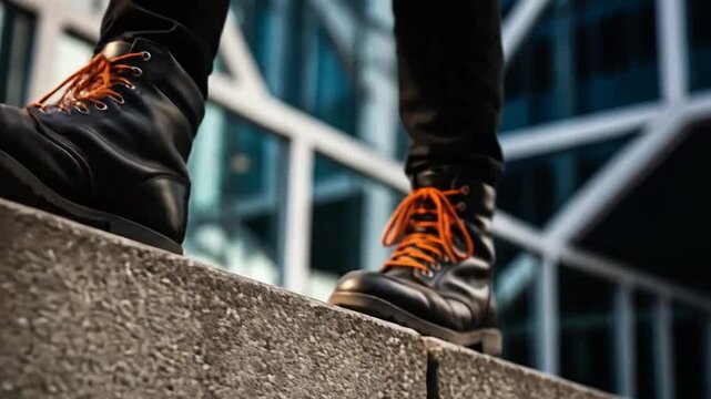 Stepping boots on concrete ledge beside modern glass building.