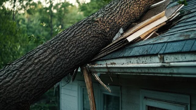 Aftermath of a powerful hurricane, fallen tree trunk destroying a residential house roof, severe natural disaster devastation, property damage