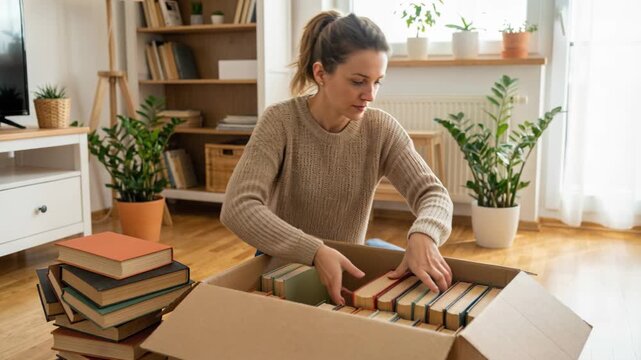 Woman packing books into cardboard box for relocation purposes. Moving home process and organization of personal belongings.