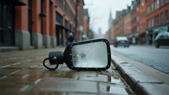 Lamp lies on sidewalk next to curb with cracked glass and bent frame. Urban setting with wet road surface and brick buildings nearby. Concept of city maintenance, urban design, public safety