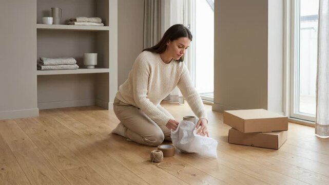 Caucasian woman packing fragile item in wrapping paper for relocation. Home move with cardboard box and twine during housing transition.