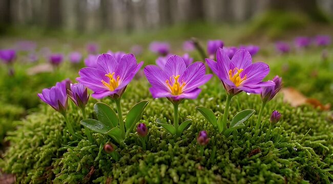 Close up of purple flowers with yellow centers growing on green moss