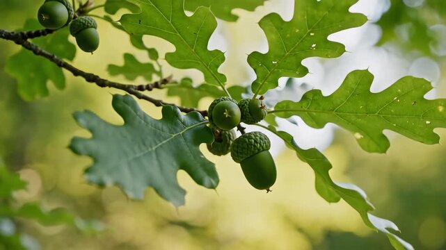 Closeup of green oak leaves and acorns hanging from a branch in a forest during the daytime with a soft bokeh background.