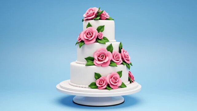 Elegant three-tier white wedding cake adorned with delicate pink sugar roses and green leaves on a white cake stand