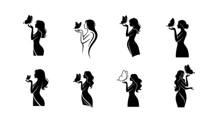 Minimal woman and butterfly silhouette logo set featuring elegant branding variations including side profile with butterfly, transformation wing concept, circular emblem badge, and modern feminine f