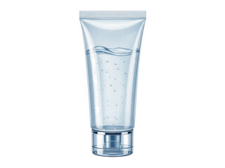 A clear tube of lotion on a white background
