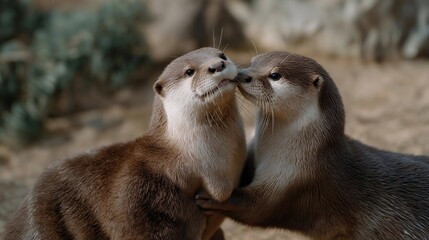 Otter pair playing and wrestling in a specially designed indoor water play area in a private home, perfect for exotic aquatic mammal pet lifestyle, otter care, rare pet owner, unusual companion