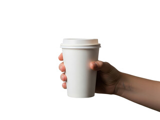A hand holding a white paper coffee cup