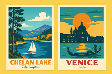 A vector graphic illustration of travel posters for Chelan Lake and Venice © Pak bambang