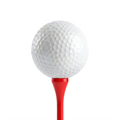 Close-up view of a white golf ball on a red golf tee.