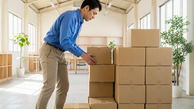 Asian man stacks cardboard boxes for moving house, showing the process of building a box pile in a new sunny room