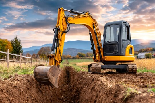 Mini excavator digging trench for construction work