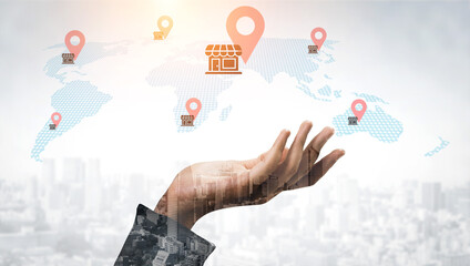 An illustration showing a hand reaching toward a digital world map, highlighting store locations...